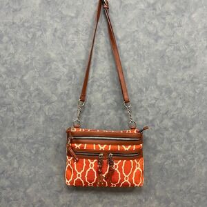 Spartina 449 Crossbody Bag Purse Triple Zip Natural Linen Leather Accent‎